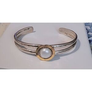 New~White Cultured Freshwater Pearl 925SS/14K Two-Tone Cuff Bracelet